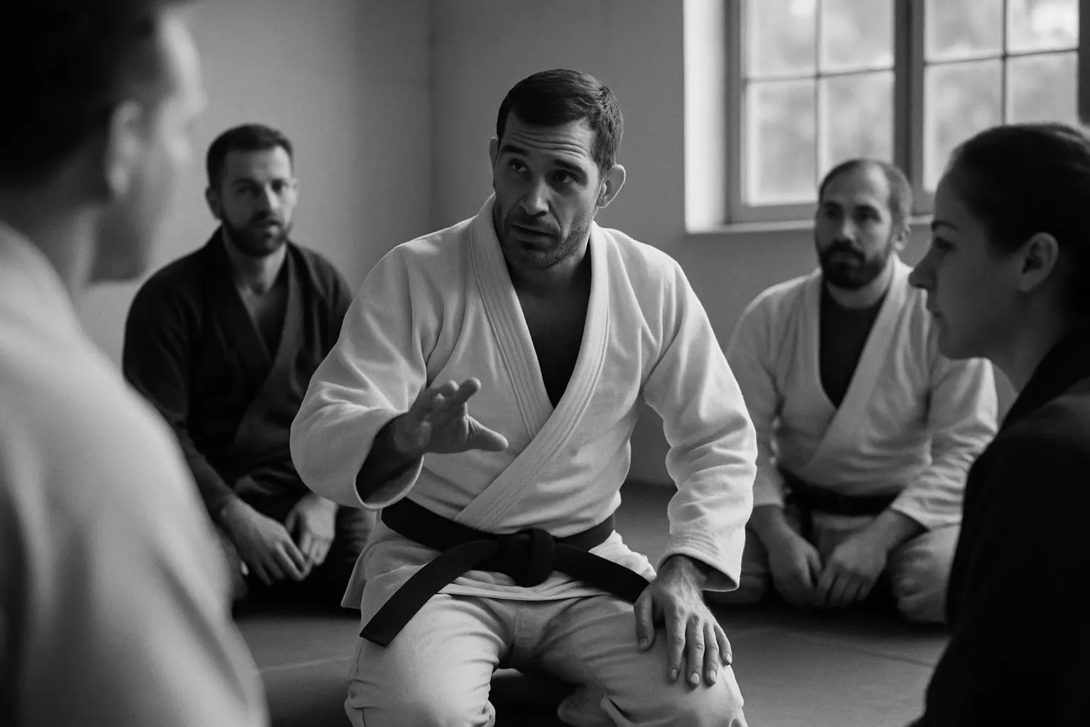 A Gracie Barra coach guiding beginners through a technique