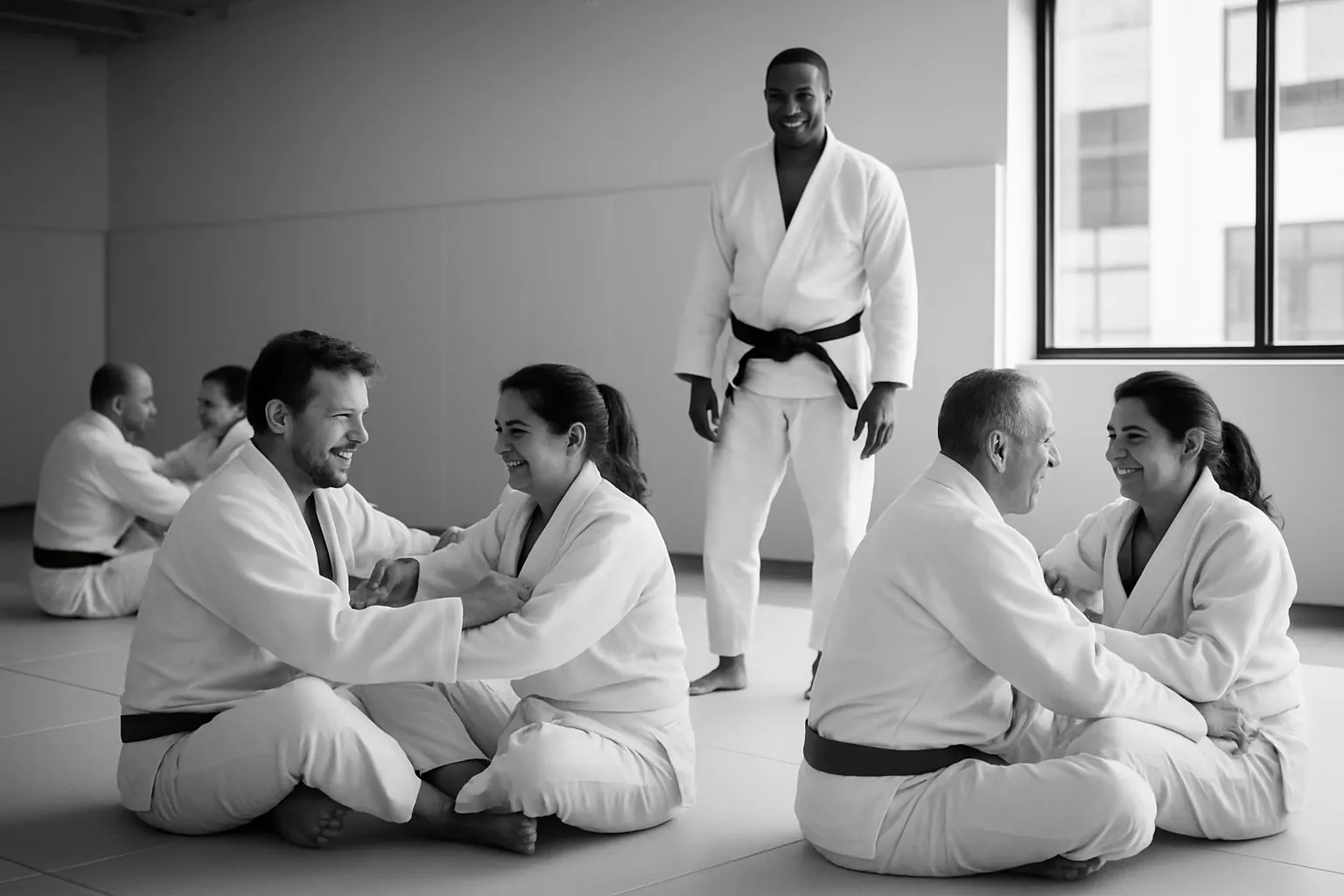 Adult beginners training Brazilian Jiu-Jitsu together on the mats