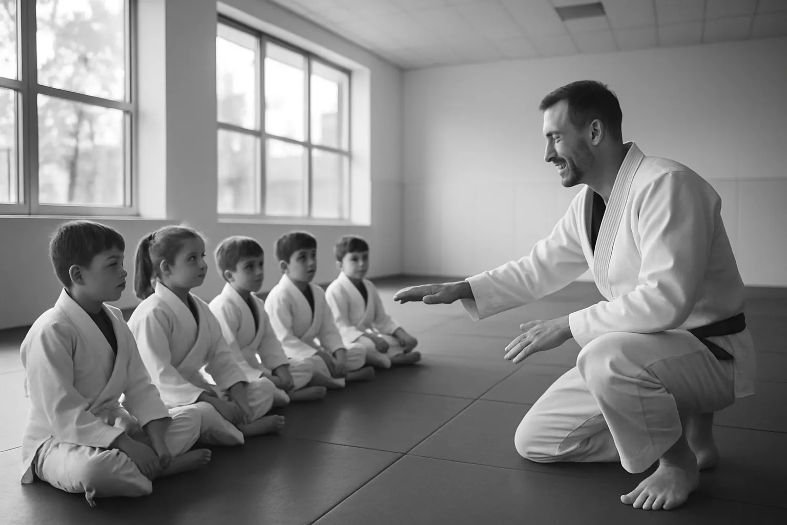 Children training Brazilian Jiu-Jitsu in a supervised class