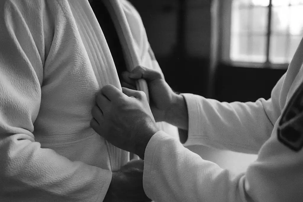 Training partners drilling grips on a jiu-jitsu gi